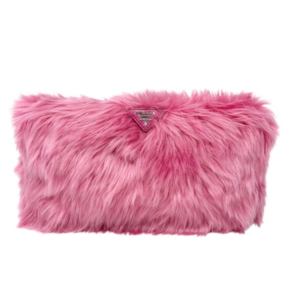 PRADA Vintage Logo Faux Fur Clutch Bag Pelliccia Zip Pink Silver [106049] - Picture 5 of 11